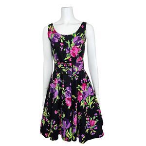 Vintage 80s Steppin Out Womens M Colorful Floral Fit Flare Sleeveless Dress
